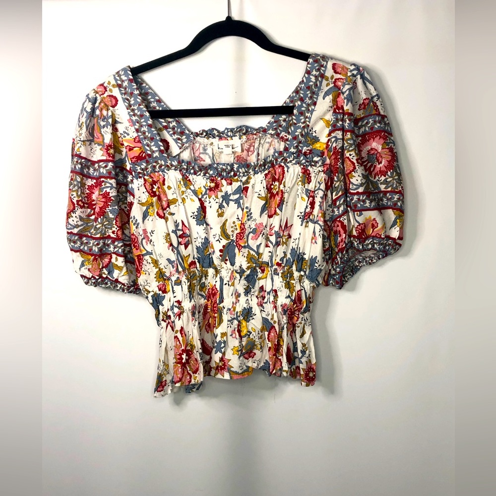 Floral Tunic Puff  Short Sleeve Large white Pink Red Nicole Miller